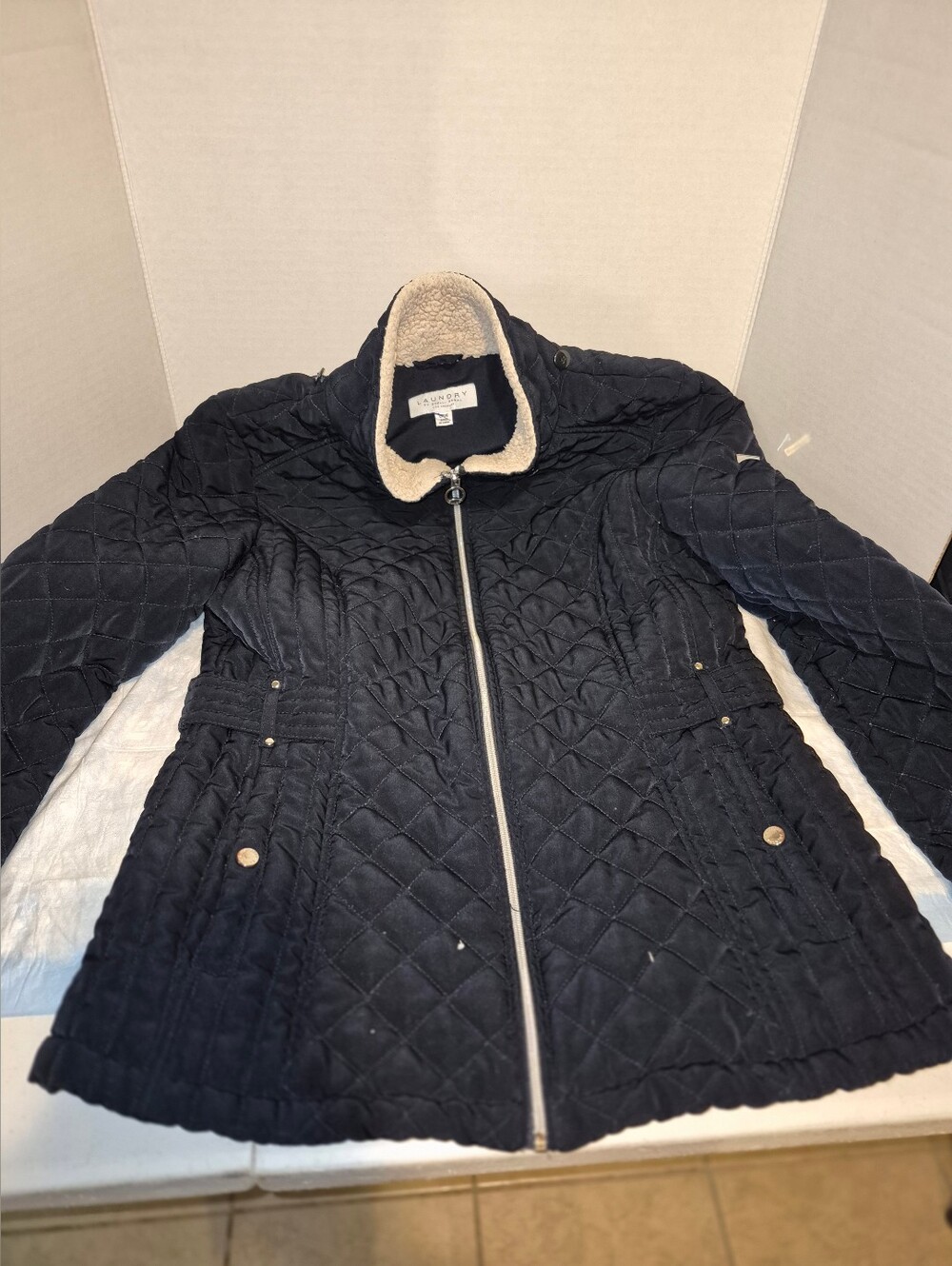 Laundry By Shelli Segal Navy Quilted Jacket with Sherpa Collar